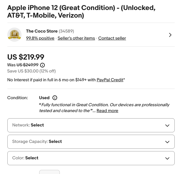 Ebay Pricing and Condition page