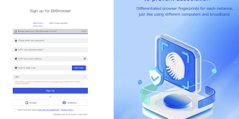 Create account BitBrowser